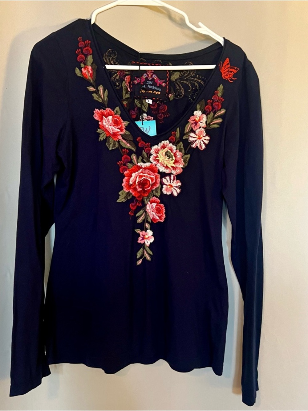 Johnny Was - Embroidered V-Neck Long Sleeve Top with Red Floral Embroidery